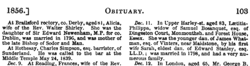 Deaths, Marriages, News and Promotions (1856)
