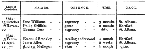 Minor offenders in Taverham hundred, Norfolk
 (1834-1835)