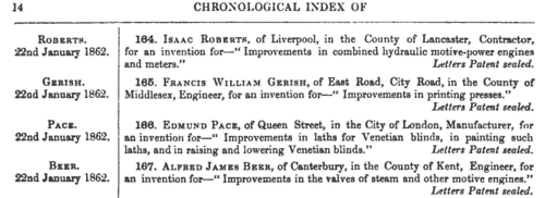 Patentees of New Inventions (1862)