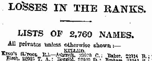 Soldiers (previously reported missing) killed: King's Own Scottish Borderers
 (1916)