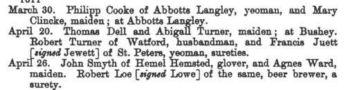 St Albans Archdeaconry Marriage Licences: Sureties
 (1626)