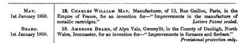 Patentees of New Inventions (1868)