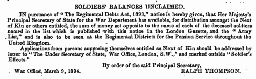 Soldiers' Balances Unclaimed: Republication List CCXIII (1888-9)  (1894)