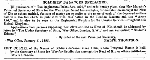 Soldiers' Balances Unclaimed: Indian List: Estates 1894-1895
 (1895)
