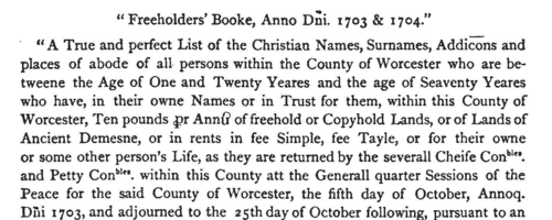 Worcestershire Freeholders: Nether Lindon
 (1703)