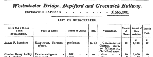 Westminster Bridge, Deptford and Greenwich Railway Shareholders (1837)