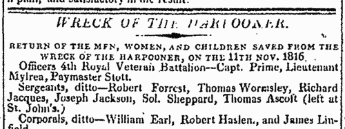 Lost in the Wreck of The Harpooner: 4th Royal Veteran Battalion
 (1816)