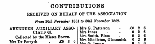 Contributors to Female Missions of the Church of Scotland: Ayton
 (1861-1862)