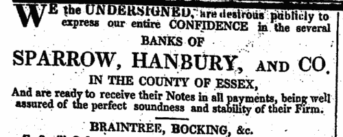 Supporters of Sparrow, Hanbury & Co. Banks: Bardfield, Finchingfield, Thaxted, &c.
 (1825)