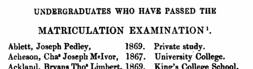 London University Matriculation List (1870)